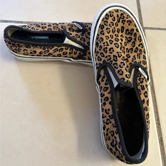 Vans Tan and Black Leopard Slip-On Sneakers - Picture 4 of 6